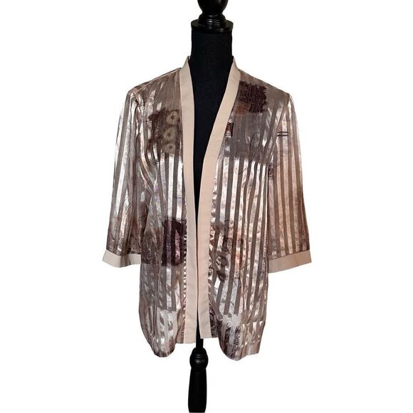 Vintage R&M Richards Cardigan Sheer Striped Tan Gold Open Front - Picture 1 of 5